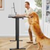 Man and dog standing at an ergonomic desk